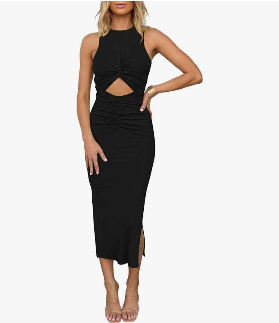 DRESS, Sleeveless black bodycon dress
