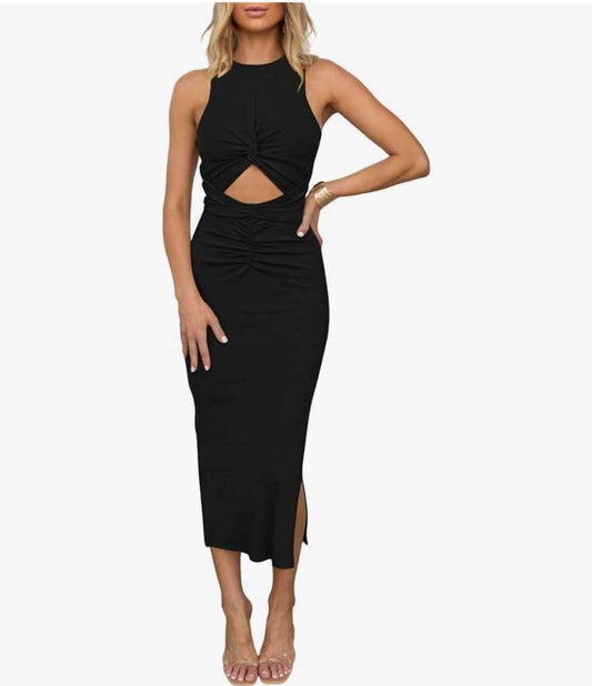 DRESS, Sleeveless black bodycon dress